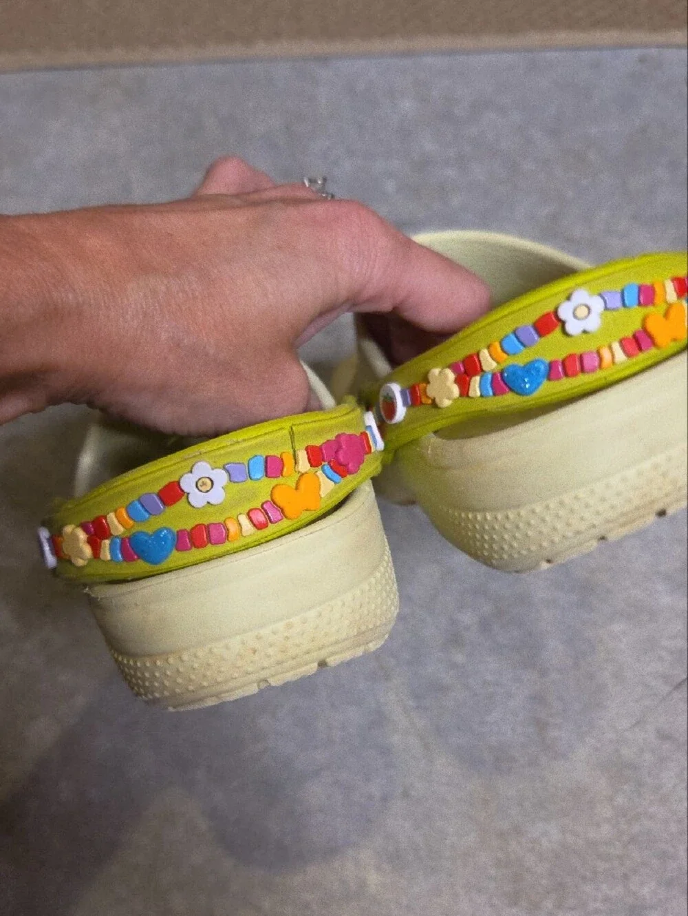 CROCS Lime Kids Clogs with Yellow Straps and Colorful Charms